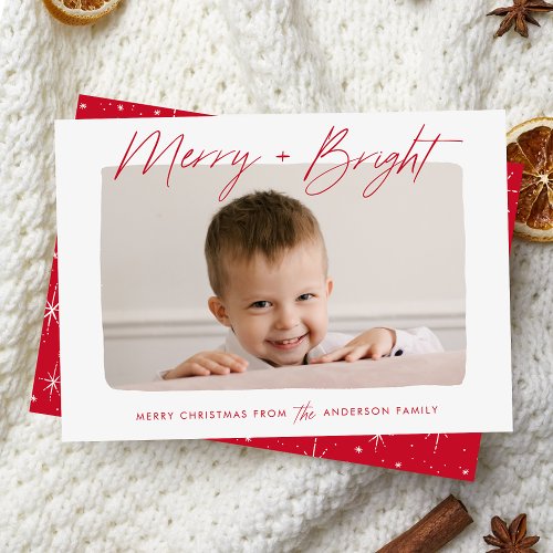 Modern Merry and Bright Red Script Photo Holiday Card