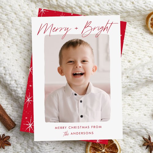 Modern Merry and Bright Red Script Photo Holiday Card