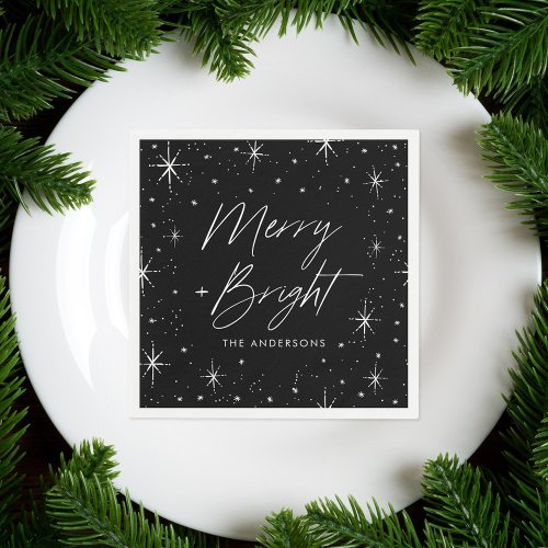 Modern Merry and Bright Script Black Holiday Napkins