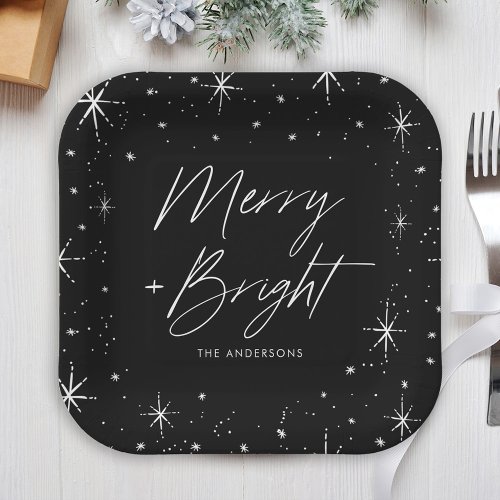 Modern Merry and Bright Script Black Holiday Paper Plates