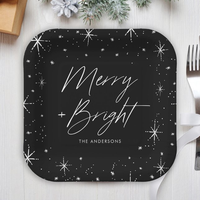 Modern Merry and Bright Script Black Holiday Paper Plates (Creator Uploaded)