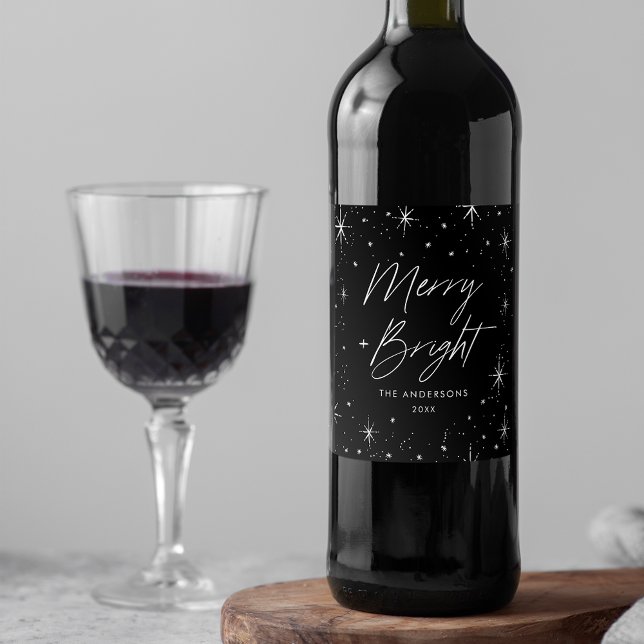 Modern Merry and Bright Script Black Holiday Wine Label (Creator Uploaded)
