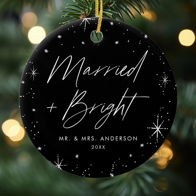 Modern Merry and Bright Script Black Photo Ceramic Ornament (Creator Uploaded)