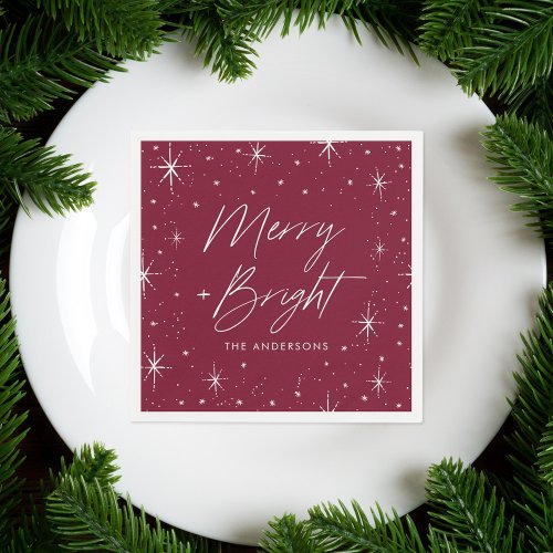 Modern Merry and Bright Script Burgundy Holiday Napkins