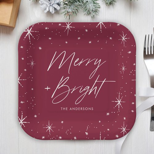 Modern Merry and Bright Script Burgundy Holiday Paper Plates
