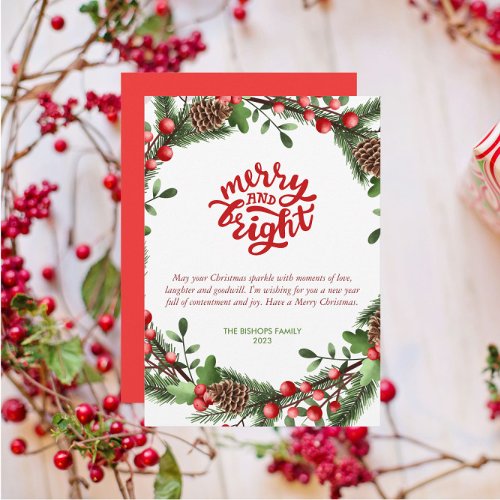Modern Merry and Bright Script Foliage Wreath Holiday Card