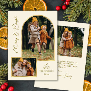 Modern Merry and Bright Script Gold Arch 3 Photo Holiday Card