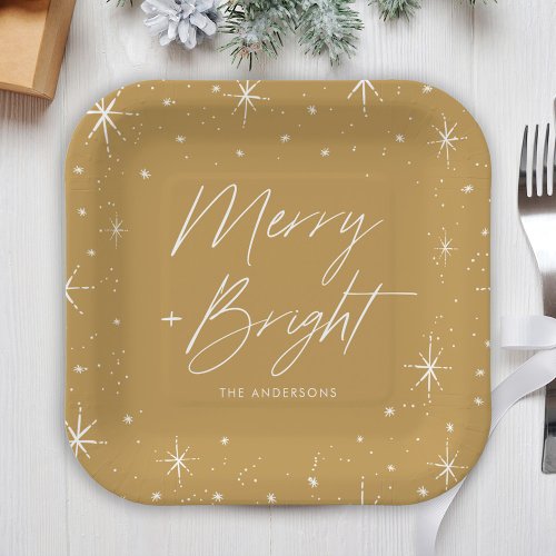 Modern Merry and Bright Script Gold Holiday Paper Plates
