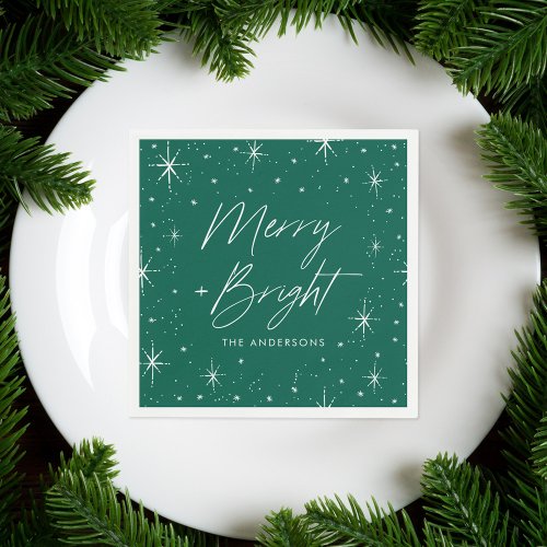 Modern Merry and Bright Script Green Holiday Napkins