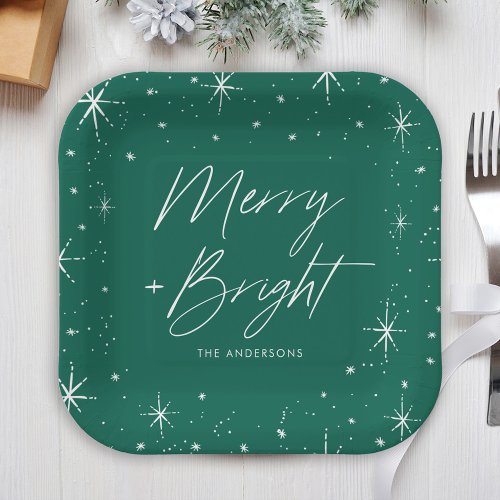 Modern Merry and Bright Script Green Holiday Paper Plates