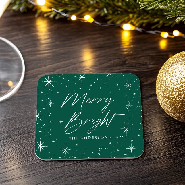 Modern Merry and Bright Script Green Holiday Square Paper Coaster (Creator Uploaded)