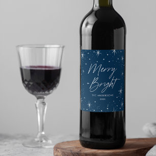 Modern Merry and Bright Script Navy Blue Holiday Wine Label