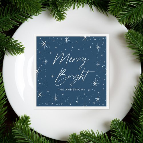 Modern Merry and Bright Script Navy Holiday Napkins