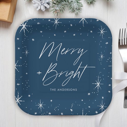 Modern Merry and Bright Script Navy Holiday Paper Plates