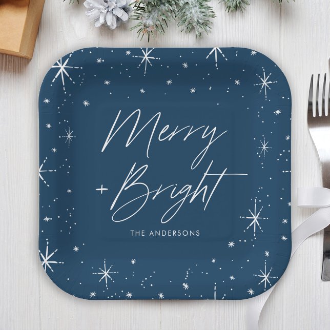 Modern Merry and Bright Script Navy Holiday Paper Plates (Creator Uploaded)