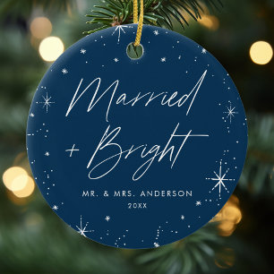 Modern Merry and Bright Script Navy Photo Ceramic Ornament