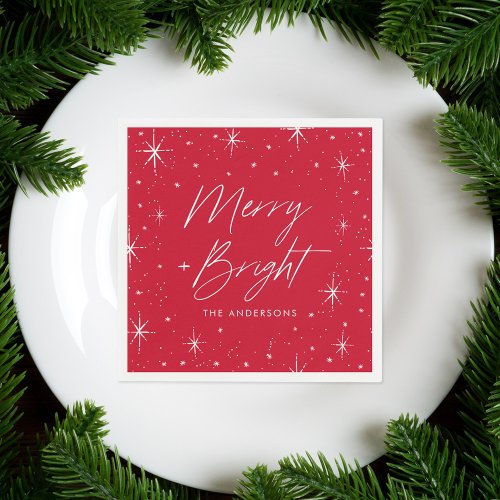Modern Merry and Bright Script Red Holiday Napkins