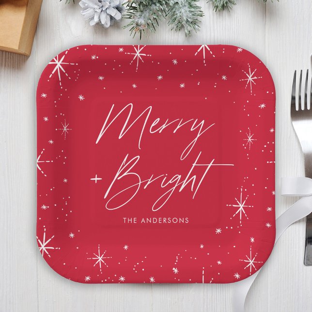 Modern Merry and Bright Script Red Holiday Paper Plates (Creator Uploaded)