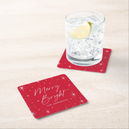 Modern Merry and Bright Script Red Holiday Square Paper Coaster