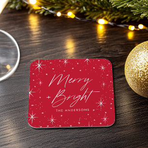 Modern Merry and Bright Script Red Holiday Square Paper Coaster