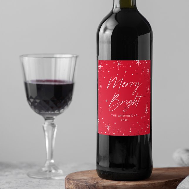 Modern Merry and Bright Script Red Holiday Wine Label (Creator Uploaded)