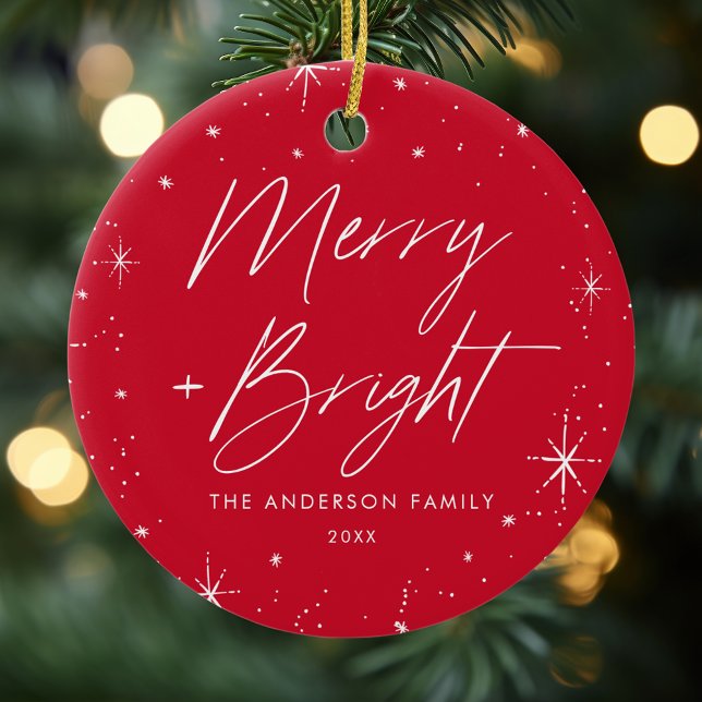 Modern Merry and Bright Script Red Photo Ceramic Ornament (Creator Uploaded)