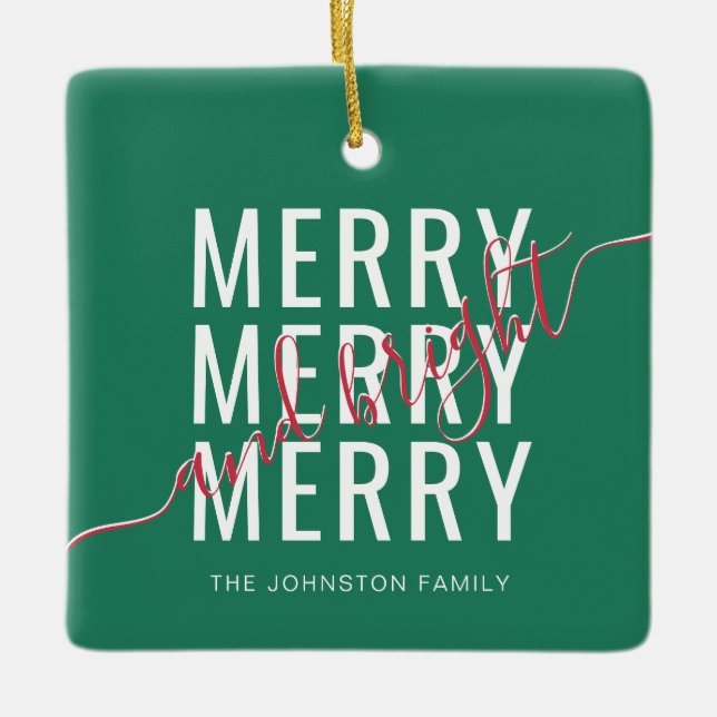 Modern Merry and bright typography Christmas Ceramic Ornament (Front)