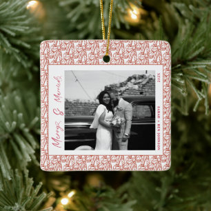 Modern Merry and Married Newlywed Bow Christmas Ceramic Ornament