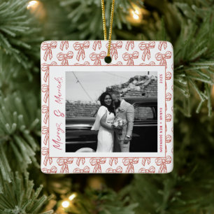 Modern Merry and Married Newlywed Bow Christmas Ceramic Ornament