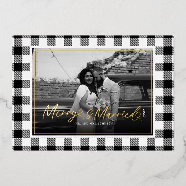 Modern Merry and Married Newlywed Plaid Christmas Foil Holiday Card (Front)