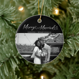 Modern Merry and Married Newlywed Script Christmas Ceramic Ornament
