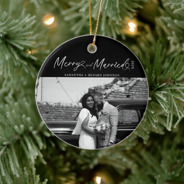 Modern Merry and Married Newlywed Script Christmas Ceramic Ornament (Tree)