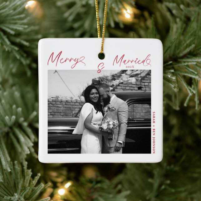 Modern Merry and Married Newlywed Script Christmas Ceramic Ornament (Tree)