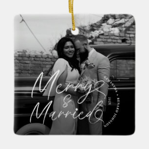 Modern Merry and Married Newlywed Script Christmas Ceramic Ornament