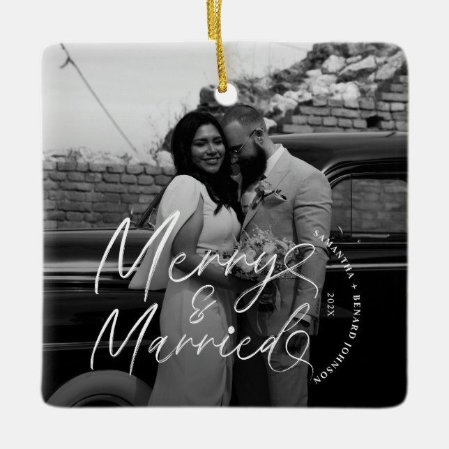 Modern Merry and Married Newlywed Script Christmas Ceramic Ornament (Front)
