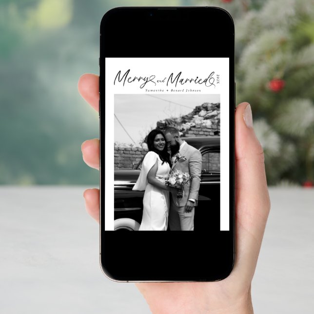 Modern Merry and Married Newlywed Script Christmas Holiday Card (Front Digital)