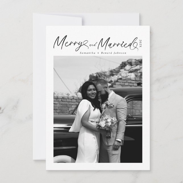 Modern Merry and Married Newlywed Script Christmas Holiday Card (Front)