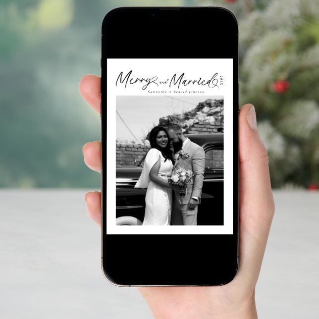 Modern Merry and Married Newlywed Script Christmas Holiday Card (Front Digital)