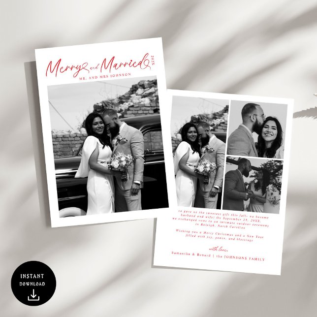 Modern Merry and Married Newlywed Script Christmas Holiday Card (Creator Uploaded)