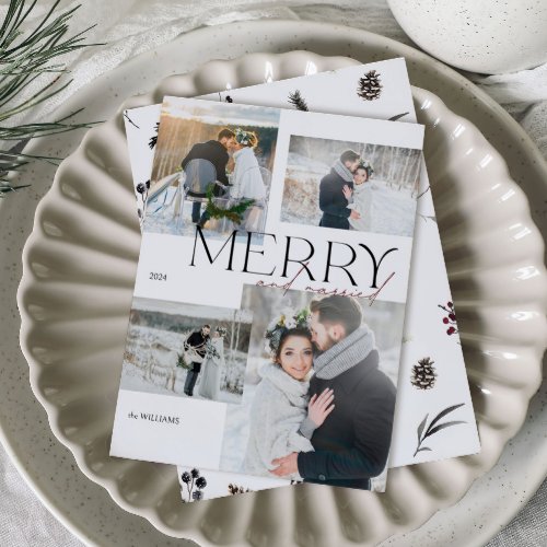 Modern Merry and Married Newlyweds 4 Photo Holiday Card