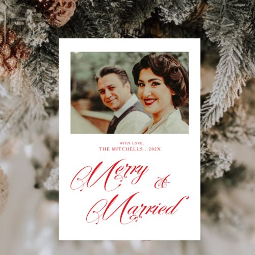 Modern Merry and Married Newlyweds Photo Christmas Holiday Card