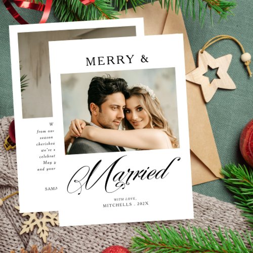 Modern Merry and Married Newlyweds Photo Christmas Holiday Card