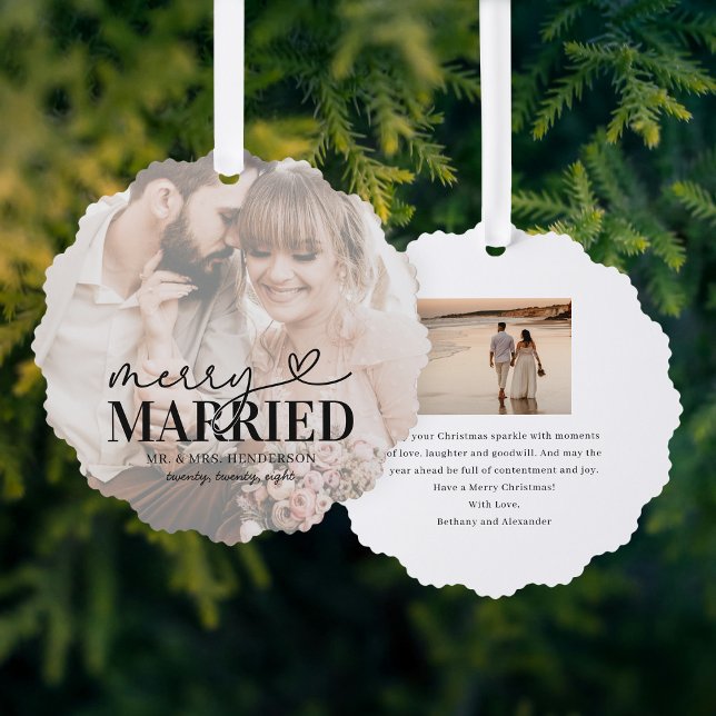 Modern Merry and Married Photo Christmas Ornament Card (Creator Uploaded)
