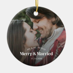 Modern Merry and Married Photo Holiday  Ceramic Ornament