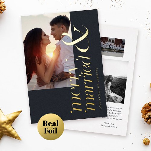 Modern Merry and Married Photo Stylish Real Foil Holiday Card