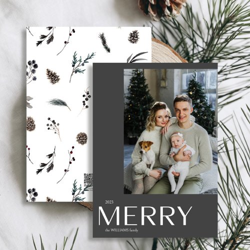 Modern Merry Black Photo Watercolor Christmas Holiday Card