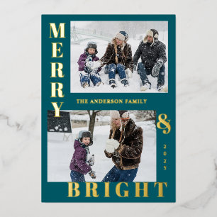 Modern Merry & Bright 2 Photo Teal Elegant Foil Holiday Card