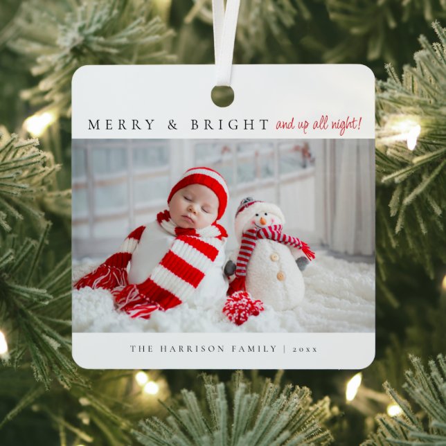 Modern Merry & Bright Birth Stats Photos Metal Ornament (Insitu)