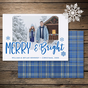 Modern Merry Bright Blue Plaid Snowflake Christmas Letterpress Photo Cards