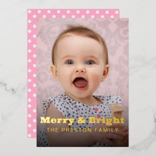 Modern Merry & Bright Bold Typography 2 Photo Pink Foil Holiday Card